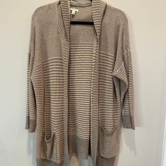 Sonoma Women Size XL 100% Cotton Striped Neutral Knit Open Cardigan with Hoodie - Picture 2 of 9
